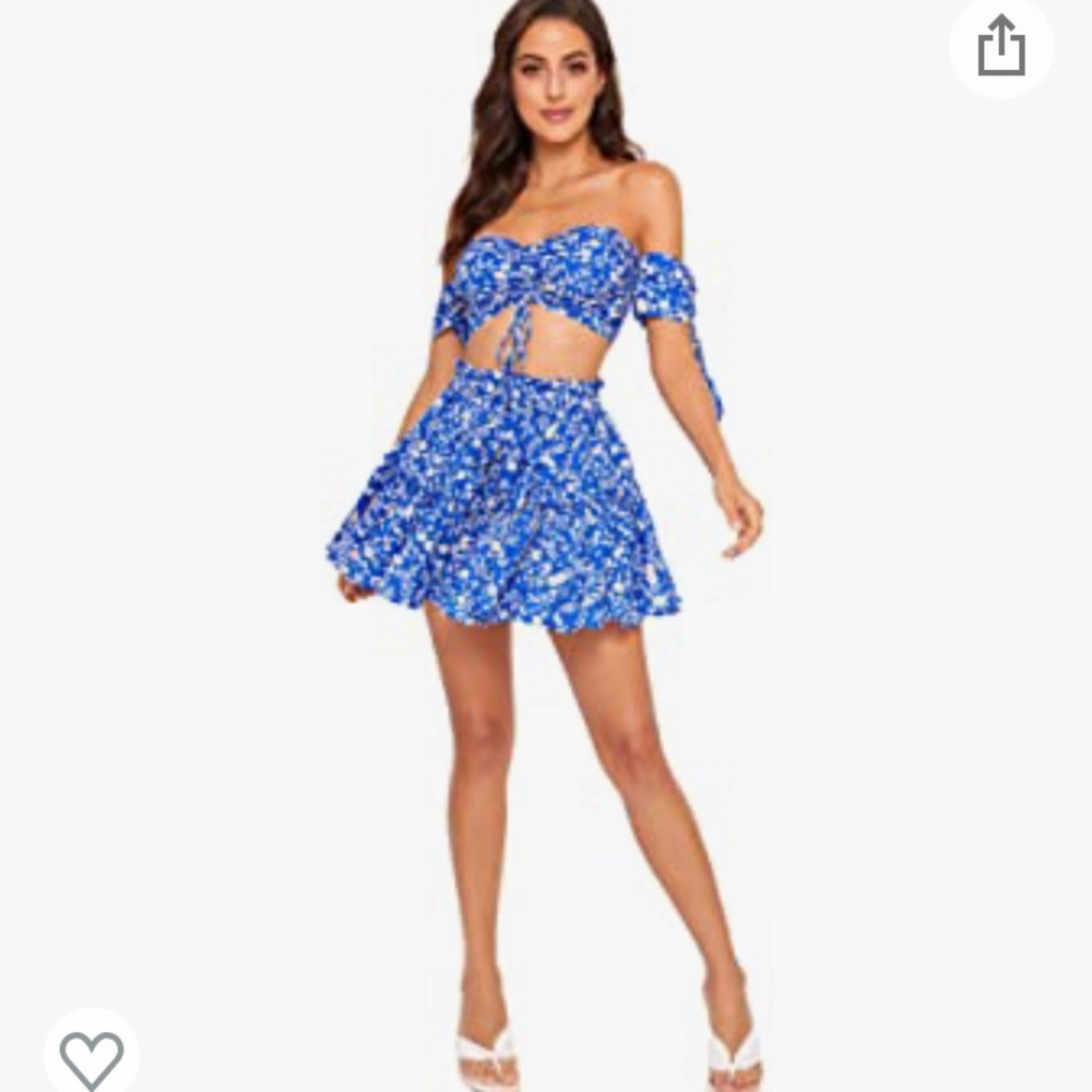 Floerns Two Piece Outfit Floral Off Shoulder Drawstring Crop Top Skirt Set